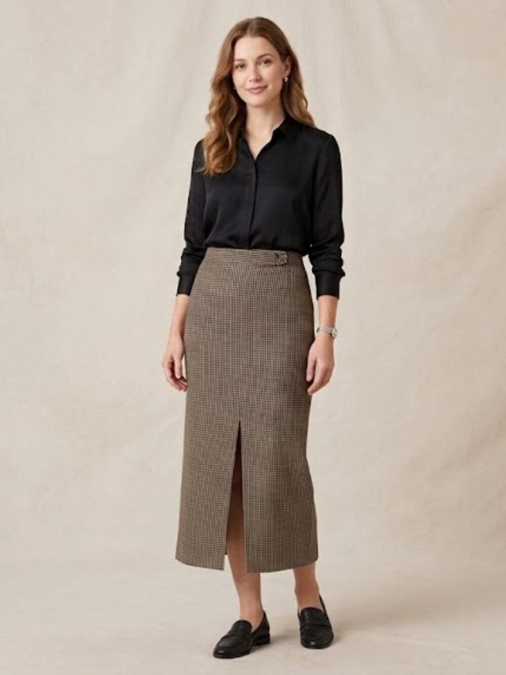 Houndstooth Tweed Pencil Midi Skirt 4 S Brown Black Equestrian Wool Academia